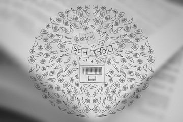 laptop with textbooks flying out with text Back to School surrounded by paper