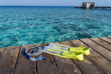 Snorkeling gear at seaside of Breakers sea walk, Somabay, Hurghada, Egypt.