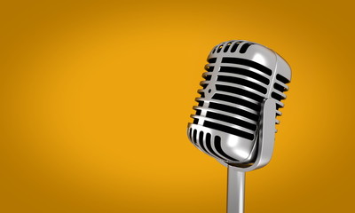 Vintage silver microphone on yellow background - 3d render