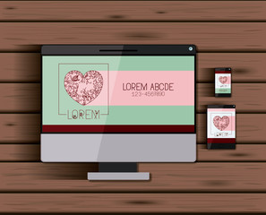 stationary templates with tech devices heart corporate logo screen on wooden background