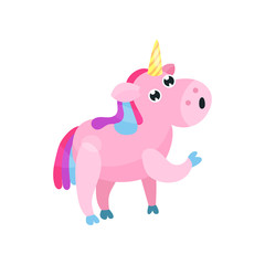 Obraz na płótnie Canvas Cute cartoon pink unicorn with multicolored mane vector Illustration