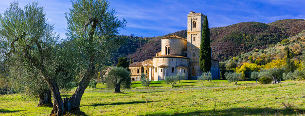 Abbey of Sant'Antimo in the heart of Tuscany between olive trees. Italy