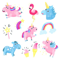 Cute unicorns with set, collection with rainbow, cloud, famingo, star cartoon vector Illustrations