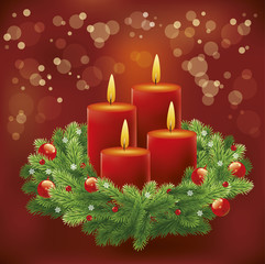 Christmas advent background with wreath and burning candles