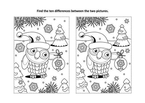 Winter holidays, New Year or Christmas themed find the ten differences picture puzzle and coloring page with owl wearing santa cap and holding beautiful ornament.

