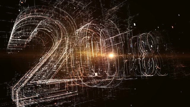 New year 2018 greeting glowing text number and  particles animation