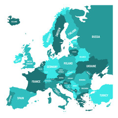 Political map of Europe continent in four shades of turquoise blue with white country name labels and isolated on white background. Vector illustration. © pyty
