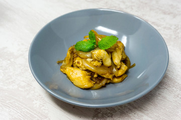 wok fried chicken stir fry with sweet peppers and chinese vegetables