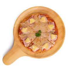 Fresh delicious Italian pizza with mushrooms on thin crust, on a wooden serving plate isolated on white background