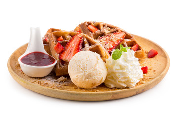 Strawberry waffles whit strawberry sauce and ice cream