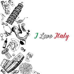 Hand drawn Italy themed sketch set of landmarks, food, objects. Isolated vector illustration.