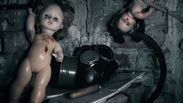 old,abandoned place in the area of radiation where there are toys,a gas mask