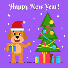 Naklejka premium Cheerful dog holds gift box and stands near Christmas tree. Christmas, New Year greeting card. Flat style vector illustration