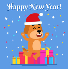 Cheerful dog jumps in front of gift boxes. Christmas, New Year greeting card. Flat style vector illustration