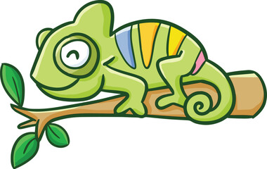 Obraz premium Zabawny i ładny zielony kameleon uśmiechnięty na gałęzi - wektor.