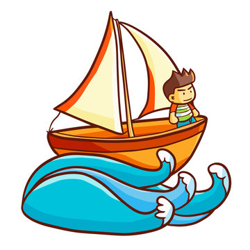 Cute and funny sailboat with man on it sailing on wave - vector.