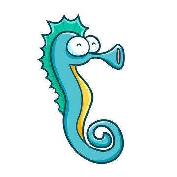 Funny and cute blue green seahorse - vector.