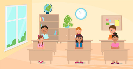Cartoon, vector illustration with children in school classroom.