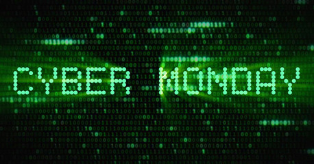 Obraz premium the words cyber monday sale, appearing with digital dot green matrix font, and green numeric bits background, shopping technology concept