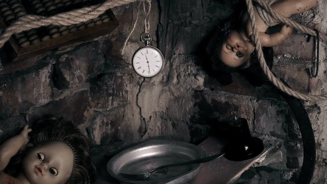 abandoned radiation place with toys,a clock whose time has stopped