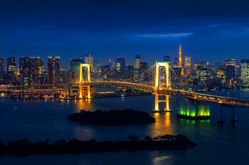 Fototapeta na wymiar Tokyo skyline with Rainbow bridge and Tokyo tower. Tokyo, Japan.