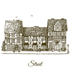 Old street view. Engraving style. Vector illustration.