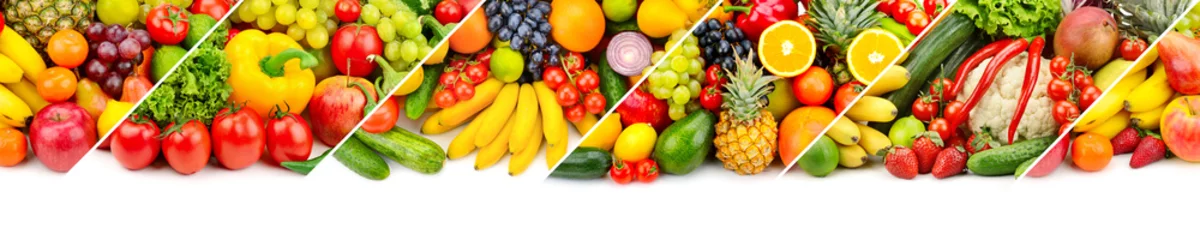 Poster Panoramic collage of fresh fruits and vegetables isolated on white background. © Serghei V