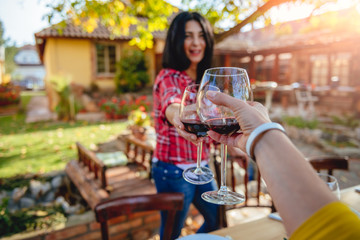 Women friends toasting red wine