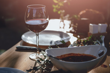 Glass of wine at dining table