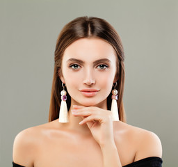 Cute Fashion Model Girl with White Silky Earrings