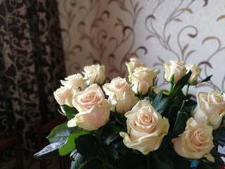 Pink and White Roses in Glass Vase