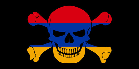 Black pirate flag with the image of Jolly Roger with crossbones combined with colors of the Armenian flag
