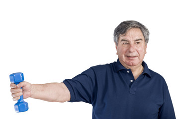 Senior man in a gym class doing Pilates exercise lift weights over a white background