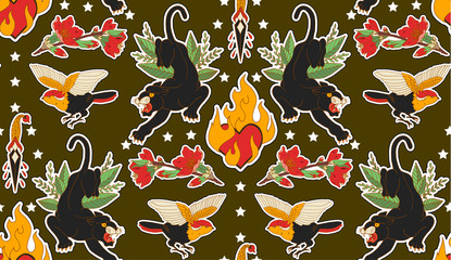 Seamless indian pattern. Set of stickers, pins, patches and handwritten notes collection in cartoon.Tiger, heart, knife, flower. Vector illustration © NKTN