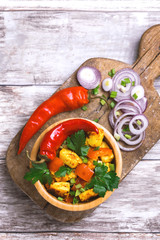  Indian cuisine. Paneer Tikka Kabab. Asian salad. Top view
