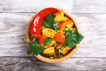  Indian cuisine. Paneer Tikka Kabab. Asian salad. Top view