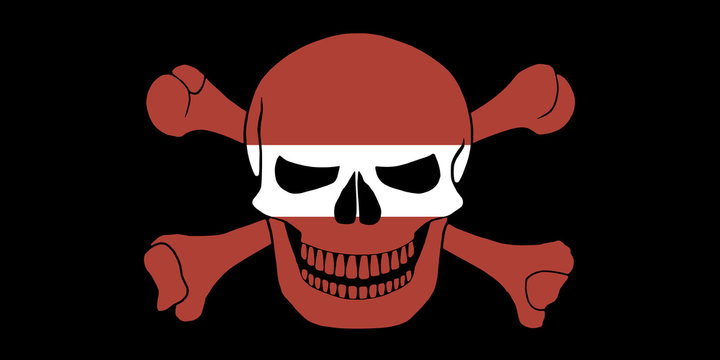 Black pirate flag with the image of Jolly Roger with crossbones combined with colors of the Latvian flag
