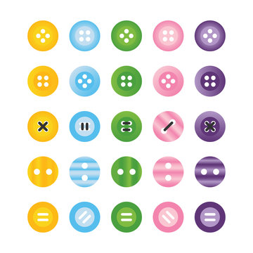 Set, collection of cute colorful vector clothing buttons isolated on white background.