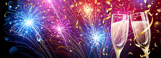 Colorful fireworks with champagne and confetti © Maksim Pasko