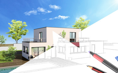 External view of a contemporary house with pool, half 3d rendering, half sketch style.