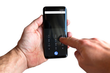 Touch screen smartphone in hands isolated over white