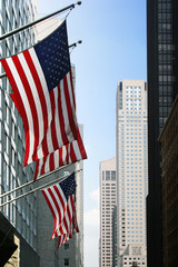 New York buildings and flags of United States of America