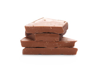 Milk chocolate bars, pieces isolated on white background