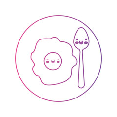 kawaii fried egg and spoon on dish in degraded magenta to purple color contour