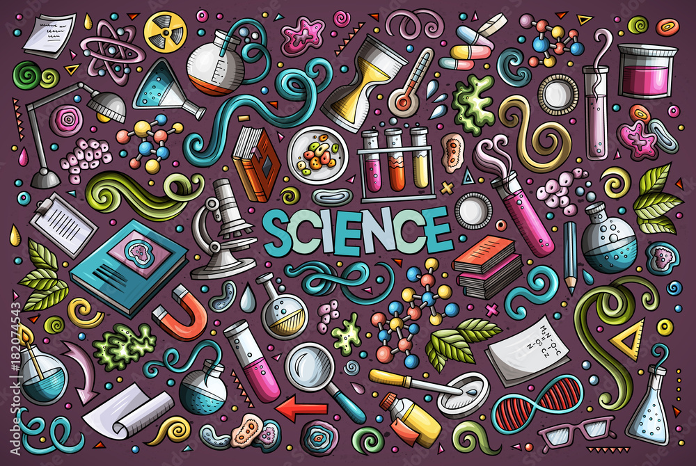 Wall mural vector cartoon set of science theme objects and symbols