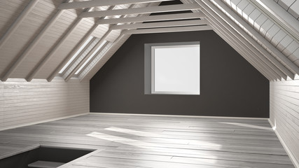 Naklejka premium Empty room, loft, attic, parquet wooden floor and wooden ceiling beams, architecture white and gray interior design