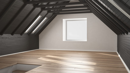 Empty room, loft, attic, parquet wooden floor and wooden ceiling beams, architecture white and gray interior design