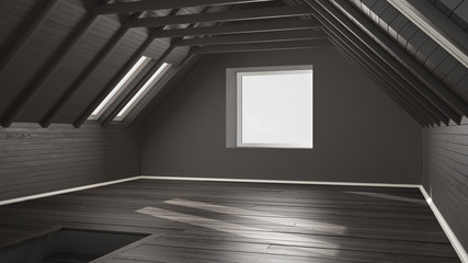 Obraz premium Empty room, loft, attic, parquet wooden floor and wooden ceiling beams, architecture white and gray interior design