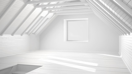 Total white project of empty room, loft, attic, parquet wooden floor and wooden ceiling beams, architecture interior design