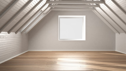 Empty room, loft, attic, parquet wooden floor and wooden ceiling beams, architecture white interior design